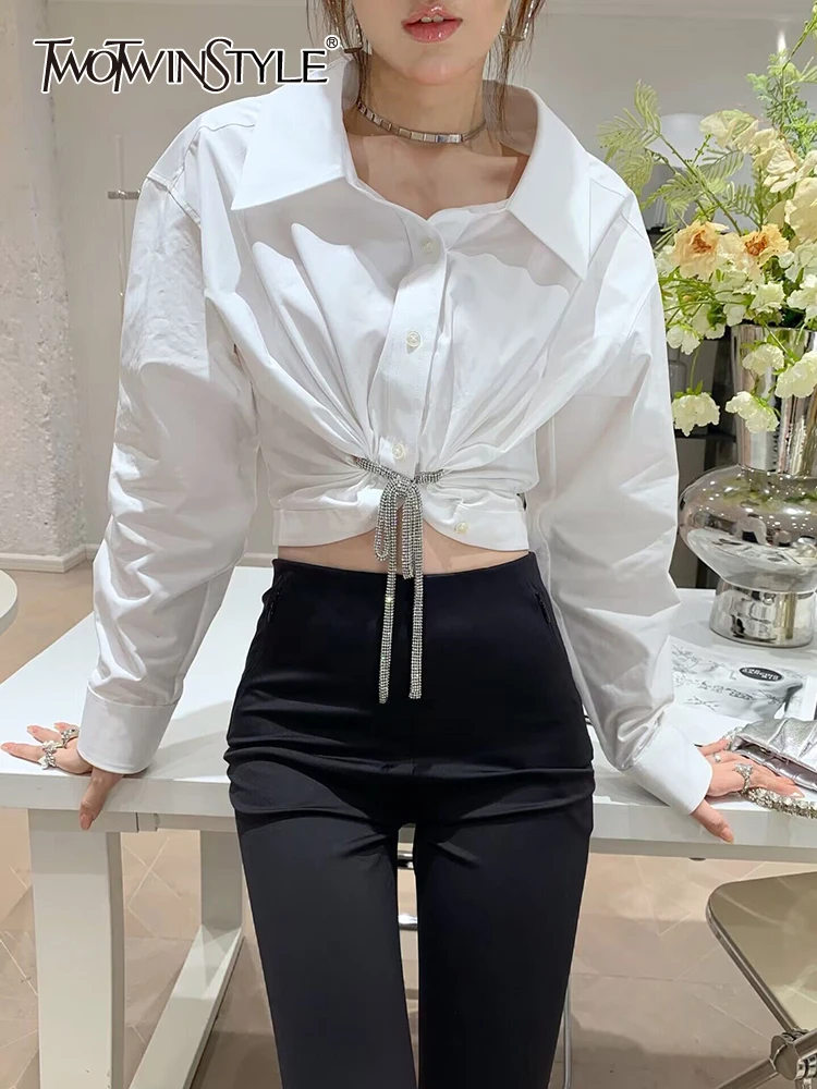 

TWOTWINSTYLE Minimalist Shirts For Women Lapel Long Sleeve Patchwork Lace Up Loose Casual Summer Blouse Female Fashion Style New