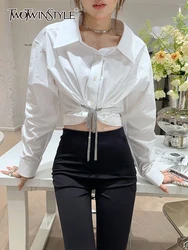 TWOTWINSTYLE Minimalist Shirts For Women Lapel Long Sleeve Patchwork Lace Up Loose Casual Summer Blouse Female Fashion Style New