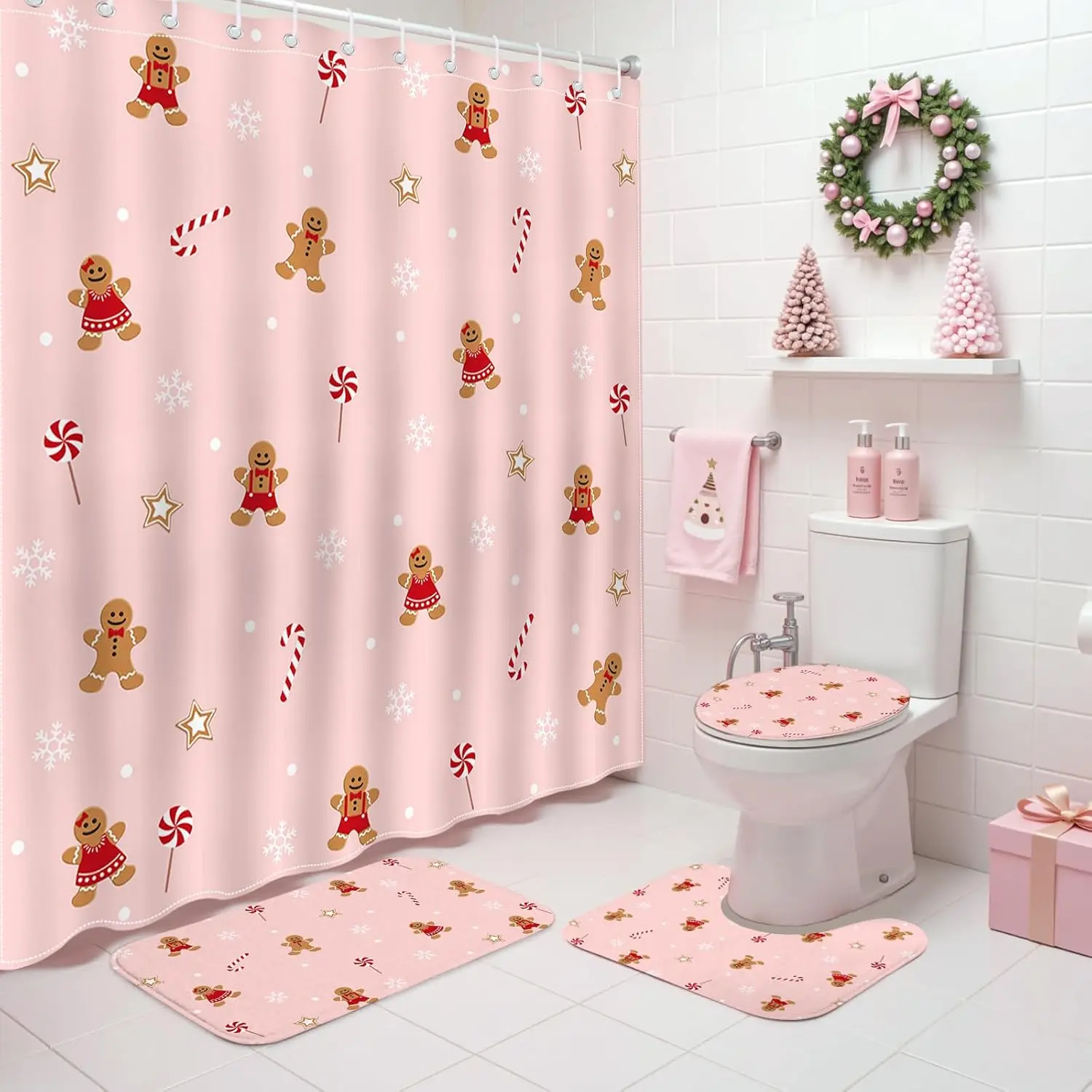 

Розовый Рождественский комплект занавесок для душа, рождественские конфеты, звезды, милый пряничный человечек, снежинка, Рождественский декор для ванной комнаты, набор аксессуаров с