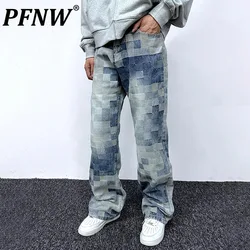 PFNW Plaid Patchwork Design Male Vintage Jeans Autumn High Street Trendy Loose Straight Leg Pants Casual Denim Trousers 28W4376