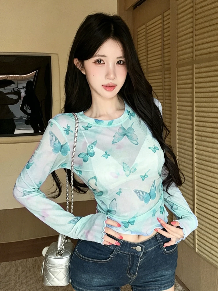 Sweet And Spicy  Print Long Sleeve T-Shirt Mesh Sun Protection Sexy Slim Fit Base Top Girl's Summer Thin Fabric Butt...
