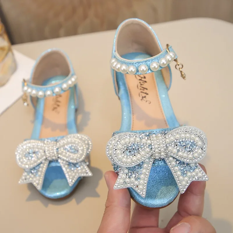 Big Children Bow Pearl Colored Diamond Open-Toe Sandals Girls School Party Vacation Soft-Soled Princess kids Girls Beach Shoes
