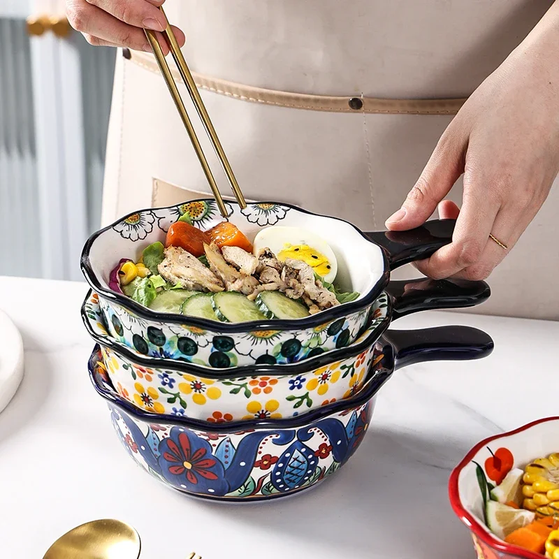 Ceramic eating household instant noodles bowls with handles, anti-scalding baking bakes, high-value breakfast, single.