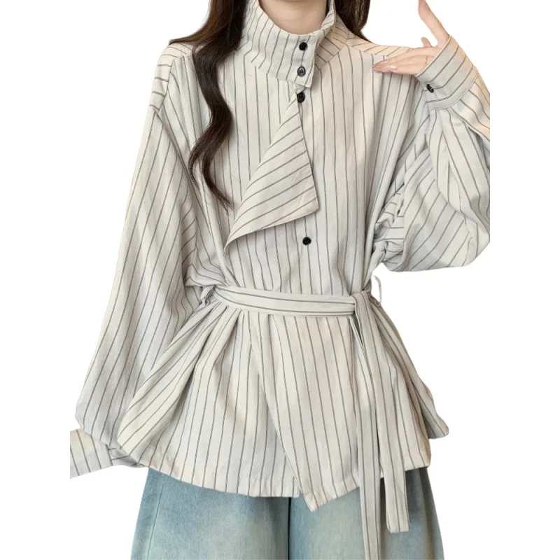 2025 Autumn New Women's Stand Collar Striped Shirt Plus Size Friendly Slim Fit Design Tie Waist Long Sleeve Shirts Top
