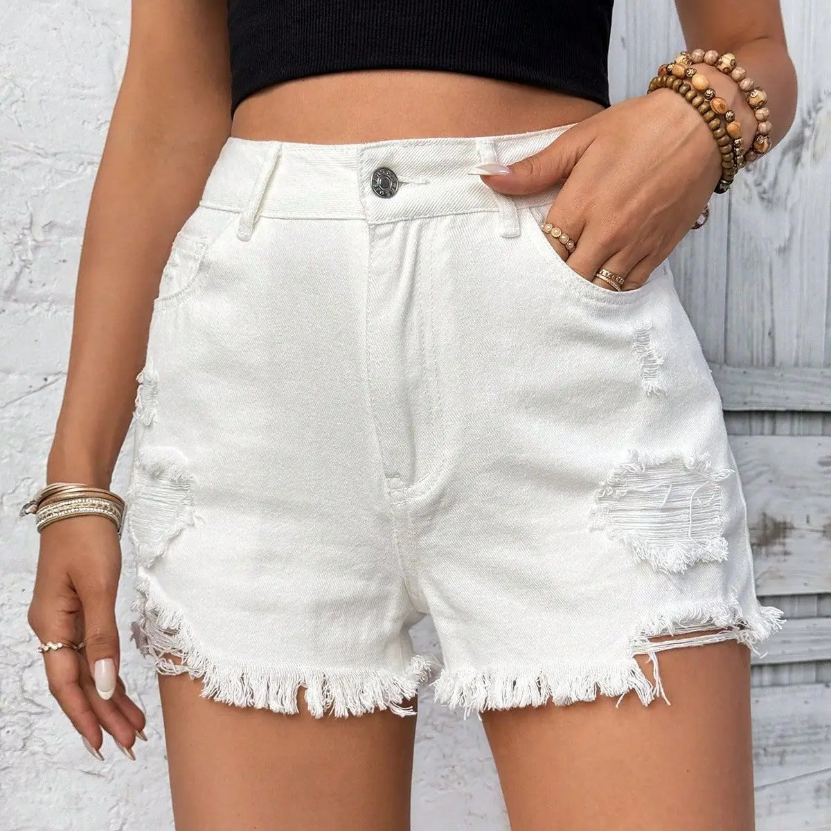 

Women Vintage New Style Casual High Waist Hair Edge Hole Denim Shorts Frayed Hemline for Summer Casual Wear Jeans Mujer