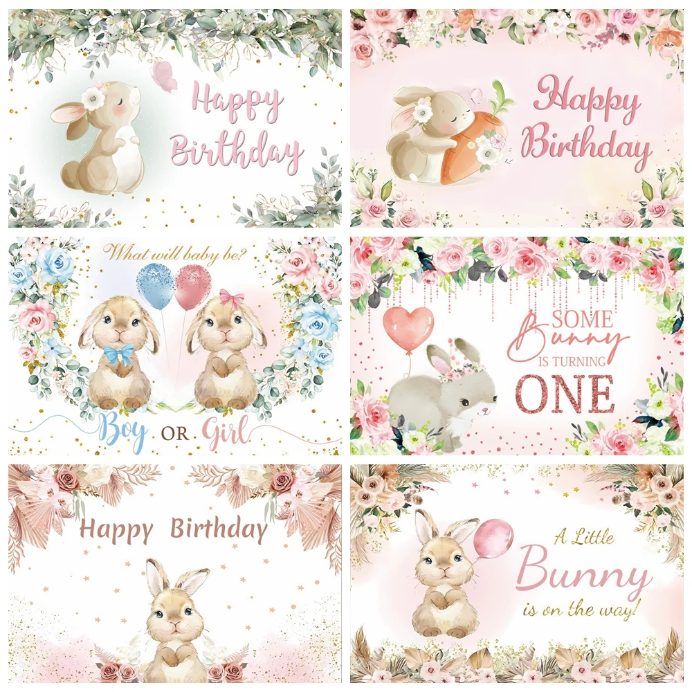 Floral Bunny Baby 1st Birthday Party Photography Backdrop Rabbit Flowers Some Bunny is Turning One Baby Shower Photo Background