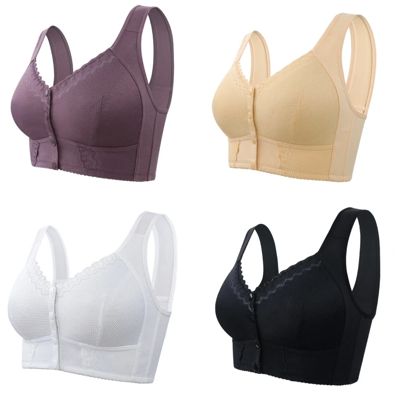 Plus Size Front Button Bras Full Cup Non Wired Bra for Women Vest Style Lace Bra