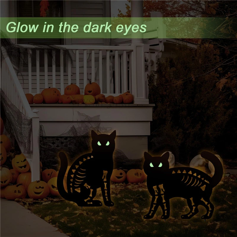 Halloween Outdoor Black Cat Silhouette Garden Stake, Metal Cat Ground Insert Statue, Yard Lawn Spooky Holiday Landscape Decor