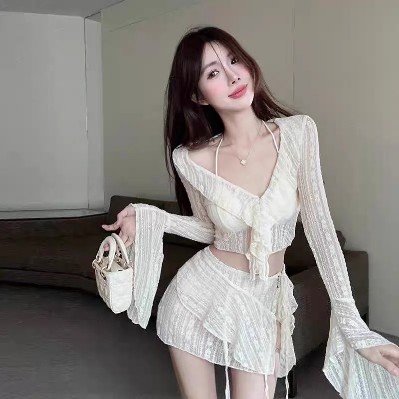 

Women's Lace Bikini Swimsuit 2024 Long Sve Separate Four Piece Set Sexy Pure Desire Small Chest Gathered Vaion