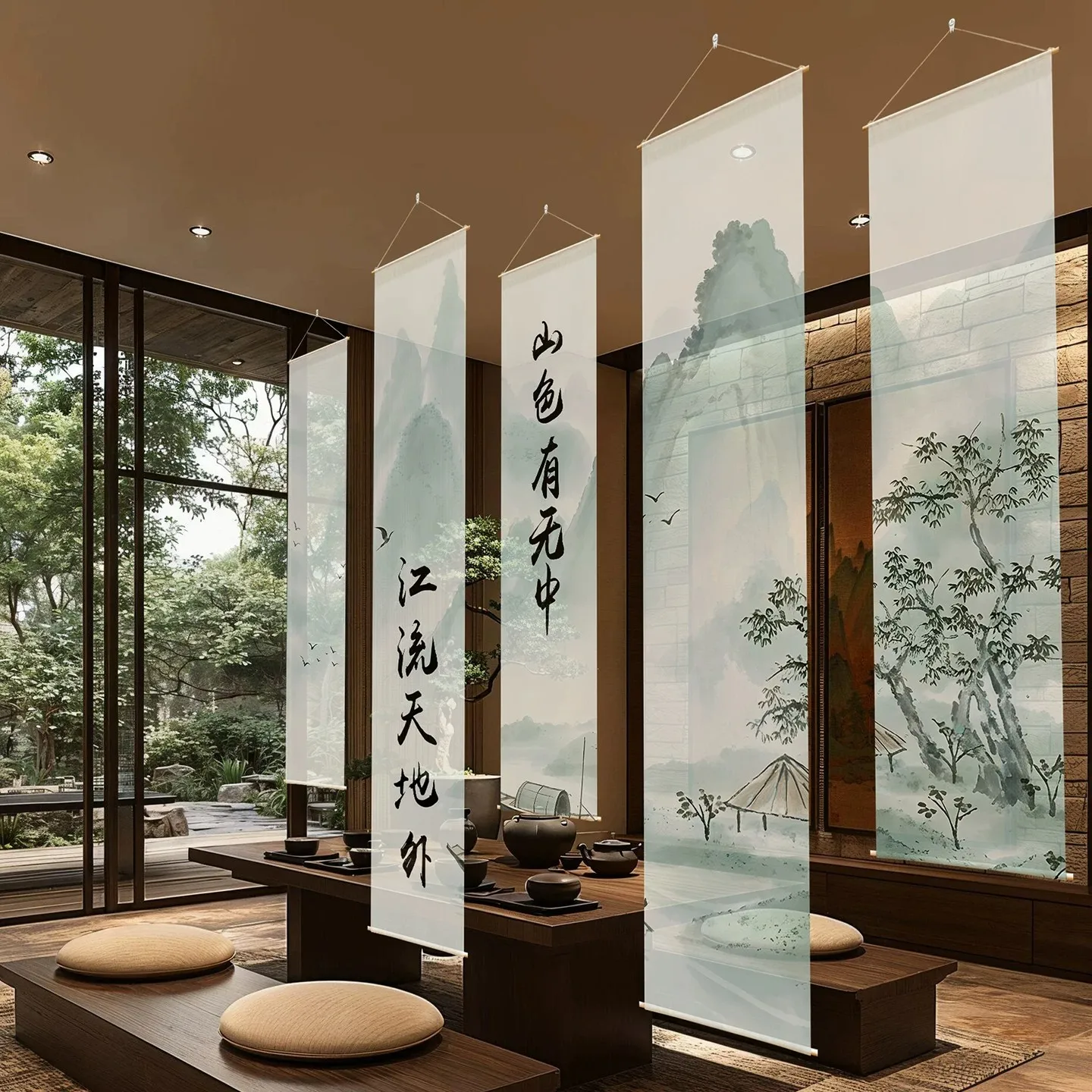 Wabi Sabi Hanging Screen – Calm Serene Vibes Partition, Natural Fiber Aesthetic Drape for Garden, Gazebo & Glamping Tent Decor
