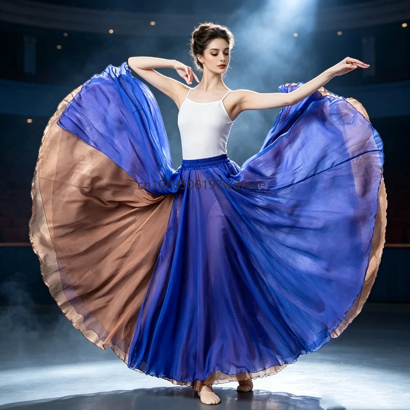 Women Double‑Sided Color Long Dance Skirt Large Swing Maxi Skirt Modern Classical Folk Dance Performance Costume Multiple Colors