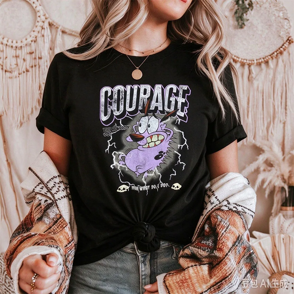 Vintage Courage the Cowardly Dog Cartoon Print Short Sleeve T-Shirt Retro Unisex Graphic Tee 90s Nostalgia Summer Streetwear Top