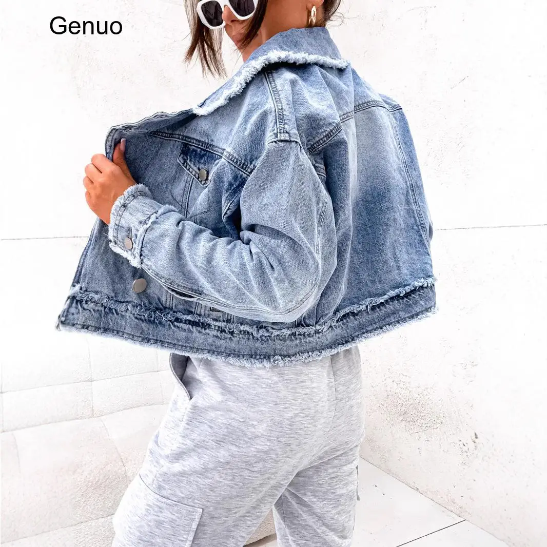 2026 Women Cropped Denim Jacket Lapel Raw Edge Washed Loose Long Sleeve Jean Coat Casual Street Outerwear