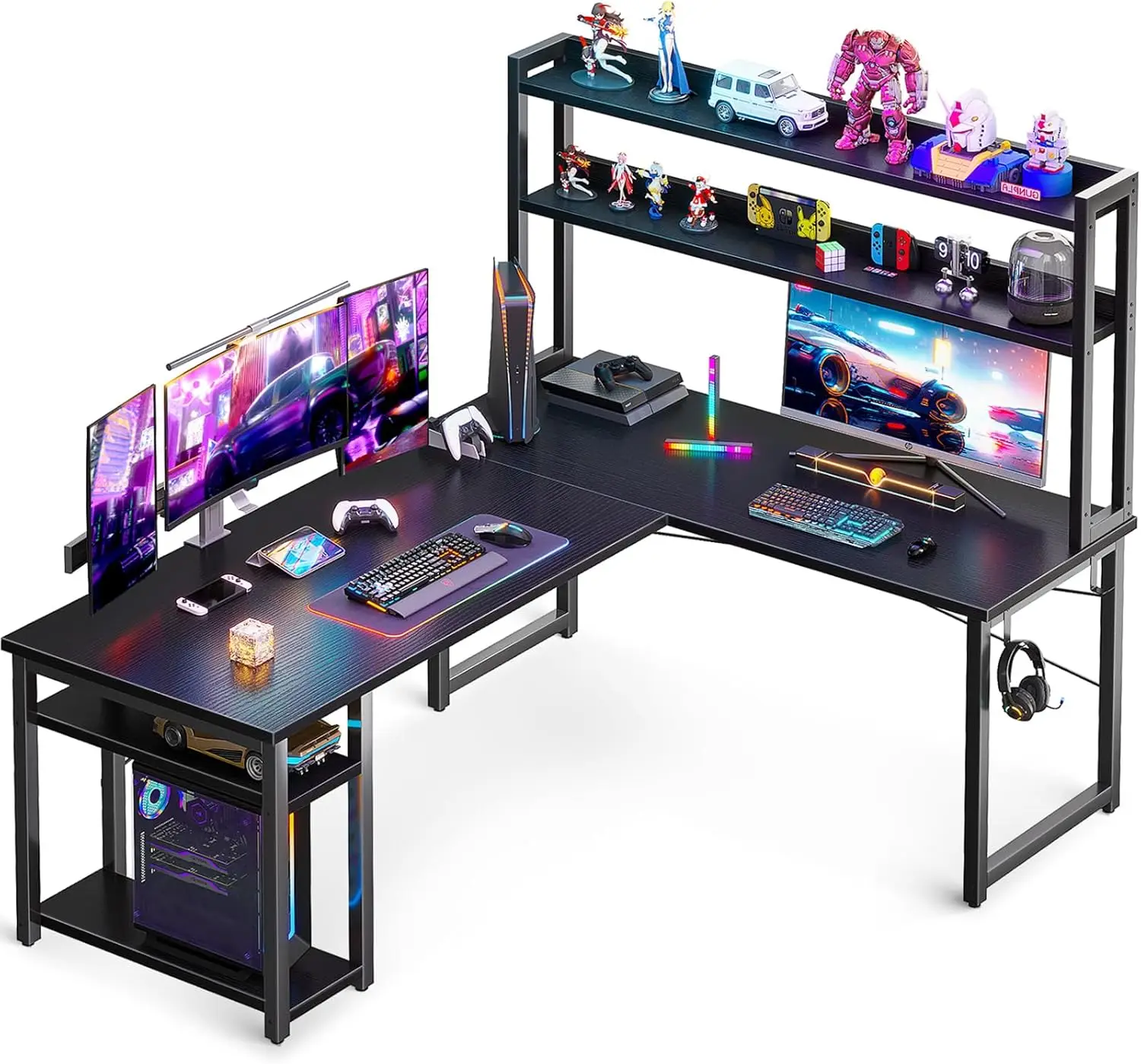 L Shaped Gaming Desk with Hutch, Computer Desk with Storage Shelves, 59" L Shaped Desk for Home Office, Corner Desk, Black