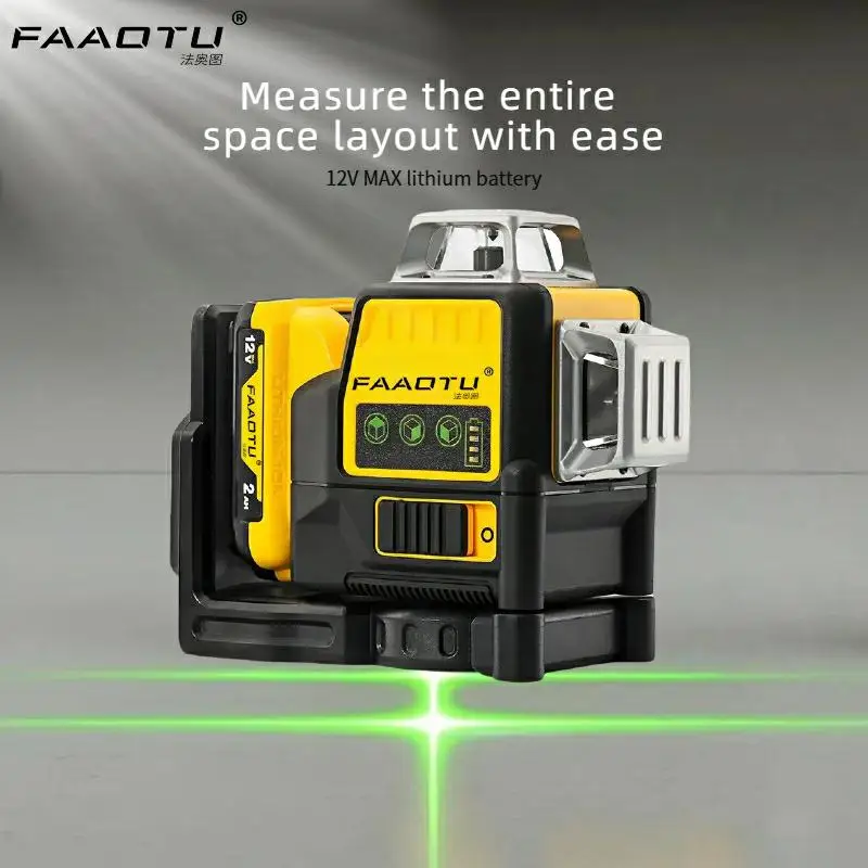 

Лазерный уровень FAAOTU 089LG, 360° по 3 сторонам, 12 линий, 12В, литиевая батарея, горизонтальный, зеленый луч, для улицы