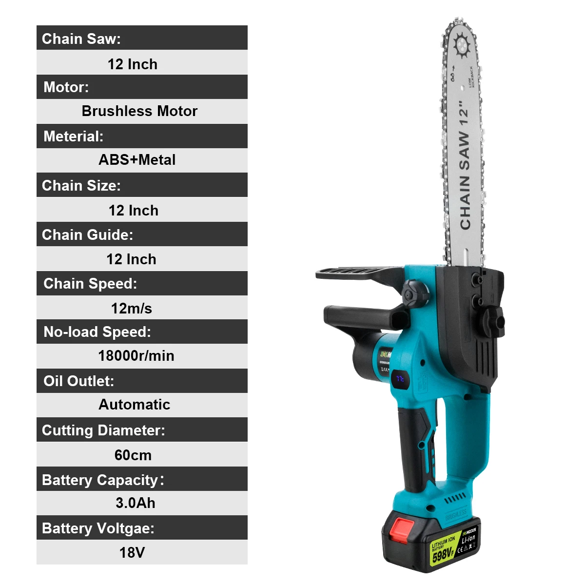 12 Inch Brushless Electric Chain Saw With Oiler Cordless Handheld Chainsaw Graden Pruning Saw Power Tools for Makita 18V Battery
