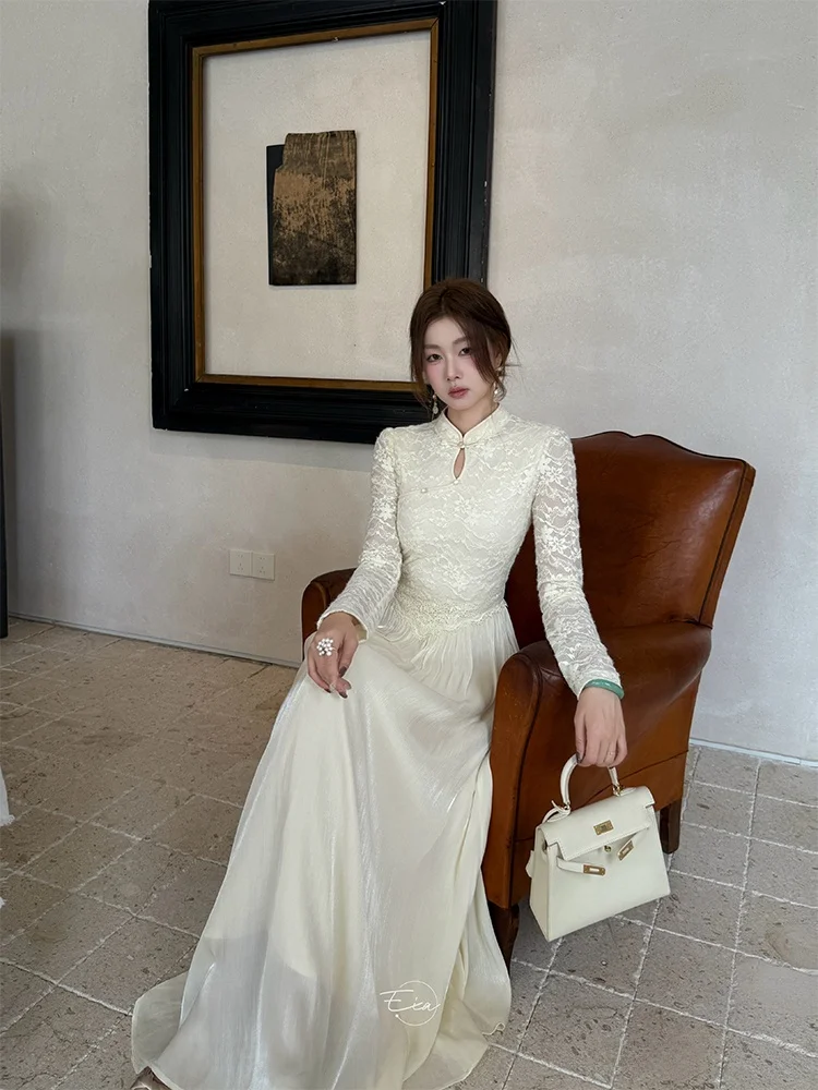 

Элегантное женское платье в китайском ретро-стиле с длинными рукавами, кружевным воротником и вставками, осенне-зимнее, в стиле национального флага, с лоскутным узором