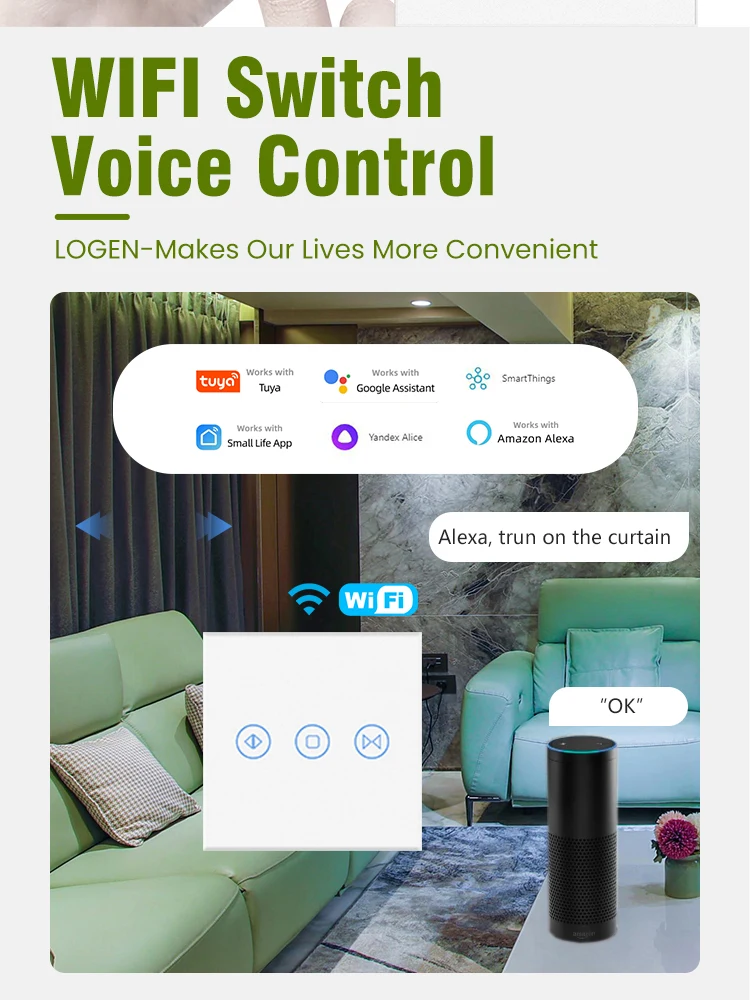 

LOUYSGEN EU Smart Curtain Switch Work with Tuya Alexa Google Home WiFi Touch Switch Glass Panel Need Neutral Wire Voice Control