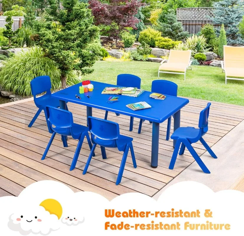 Costzon Kids Table and Chair Set, 6 Pcs Stackable Chairs, 47 x 23.5 Inch Rectangular Plastic Activity Table Set