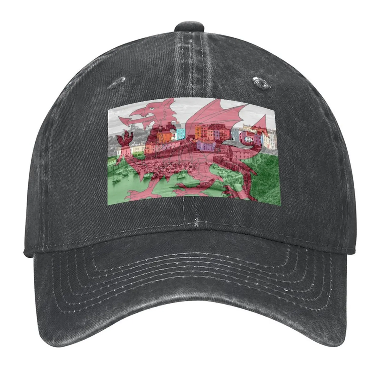 

Tenby Town Houses With Welsh Flag Baseball Cap hiking hat Streetwear Kids Hat black Mens Women's