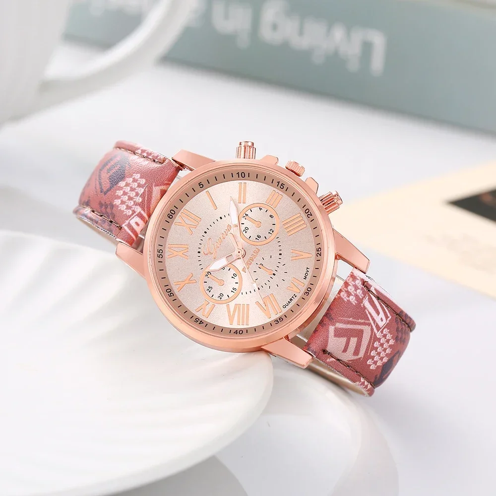 1 piece/set Geneva belt watch, double-layer fake three eye Roman numeral scale quartz watch