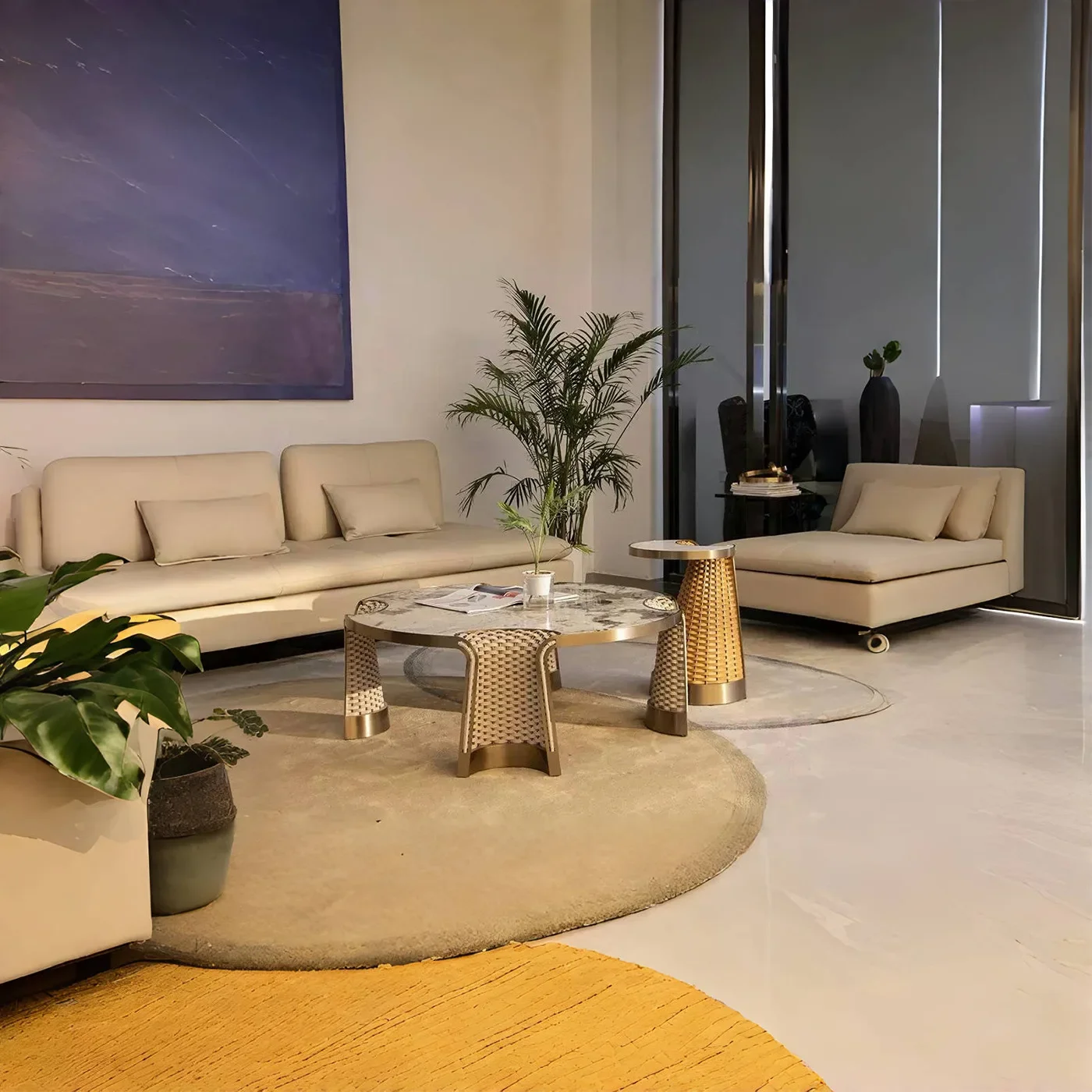 Modern marble coffee table light luxury personality, creative designer style, high artistic sense metal living room woven edge