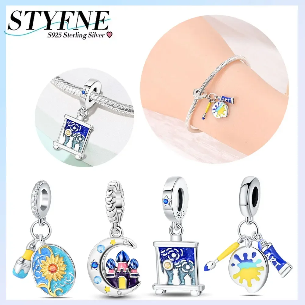 

Charms 925 Silver Plated Life Sunflower Colorful Painting Plate Heart Glasses Beads Fit Bracelet Women Diy Gift Accessories