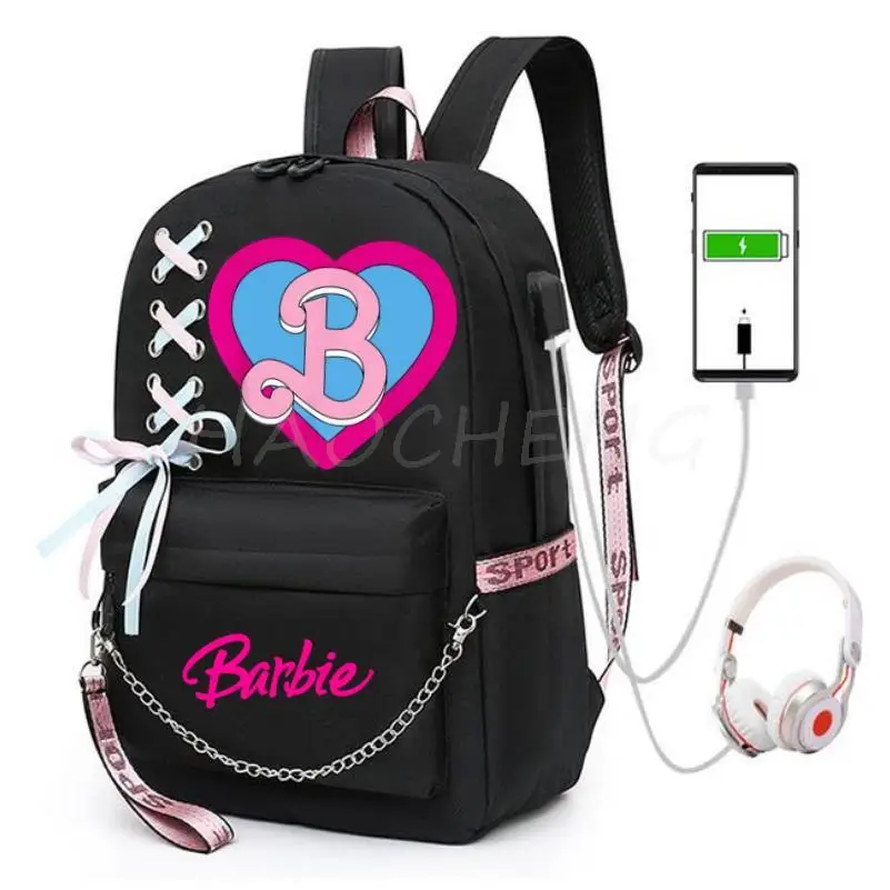 Backpacks Barbie the movie Casual Women&Men Large Capacity Student School Bags Teenager USB Laptop Travel Mochila With Ribbon