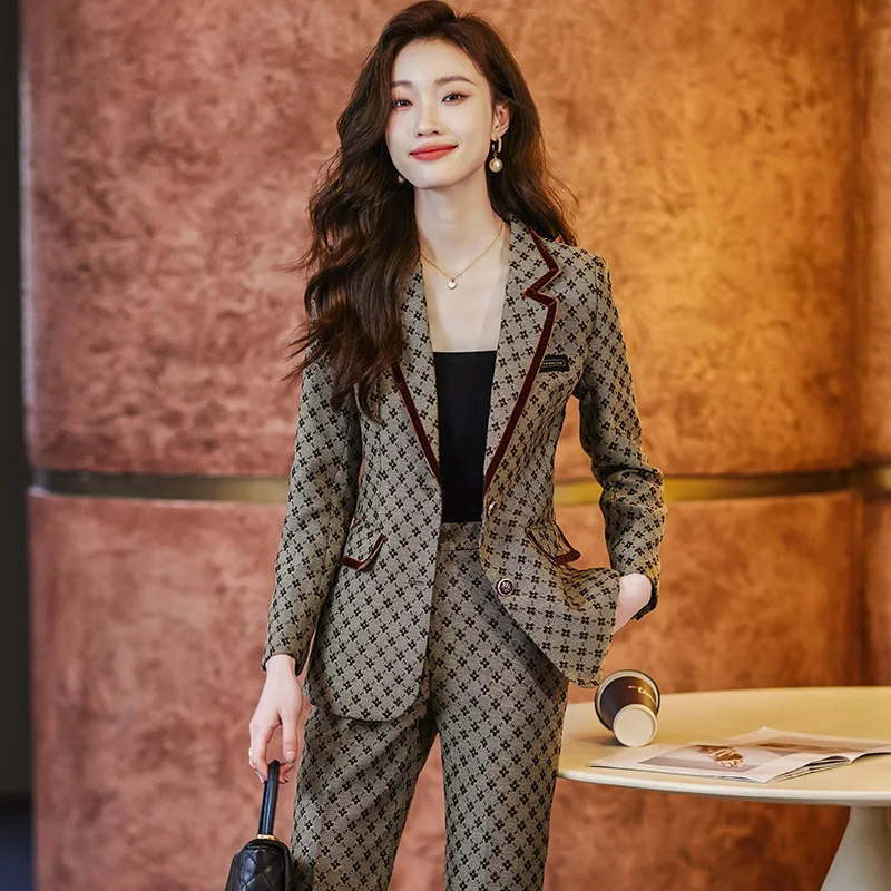 

High Quality Fabric Women Business Suits with Pants and Jackets Coat Elegant Floral Professional Pantsuits Blazer Trousers Set