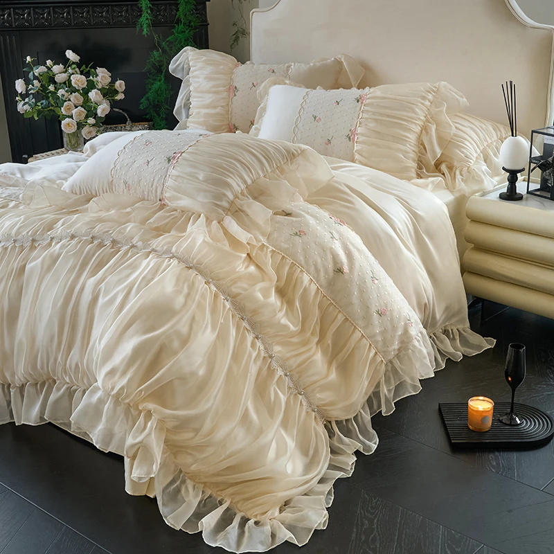 Luxury Sweet Princess Style Long-staple Cotton Bedding Set French Pleated Lace Ruffles Duvet Cover Set Pillowcases King Queen