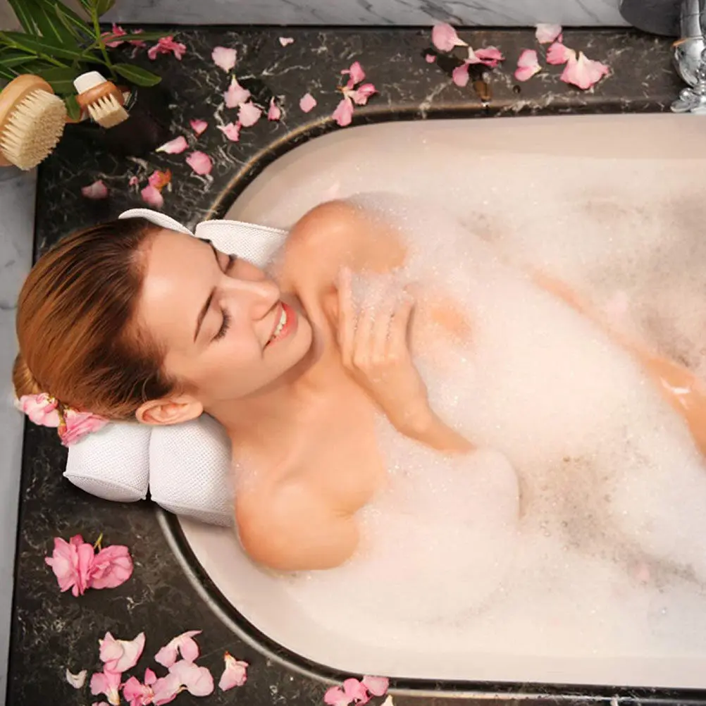 

1 Pc Bathroom Bath Pillow White 3D Mesh Cloth Spa Neck Support Non Slip Suction Cup Bathtub Pillow Easy Carry Bathtub Headrests