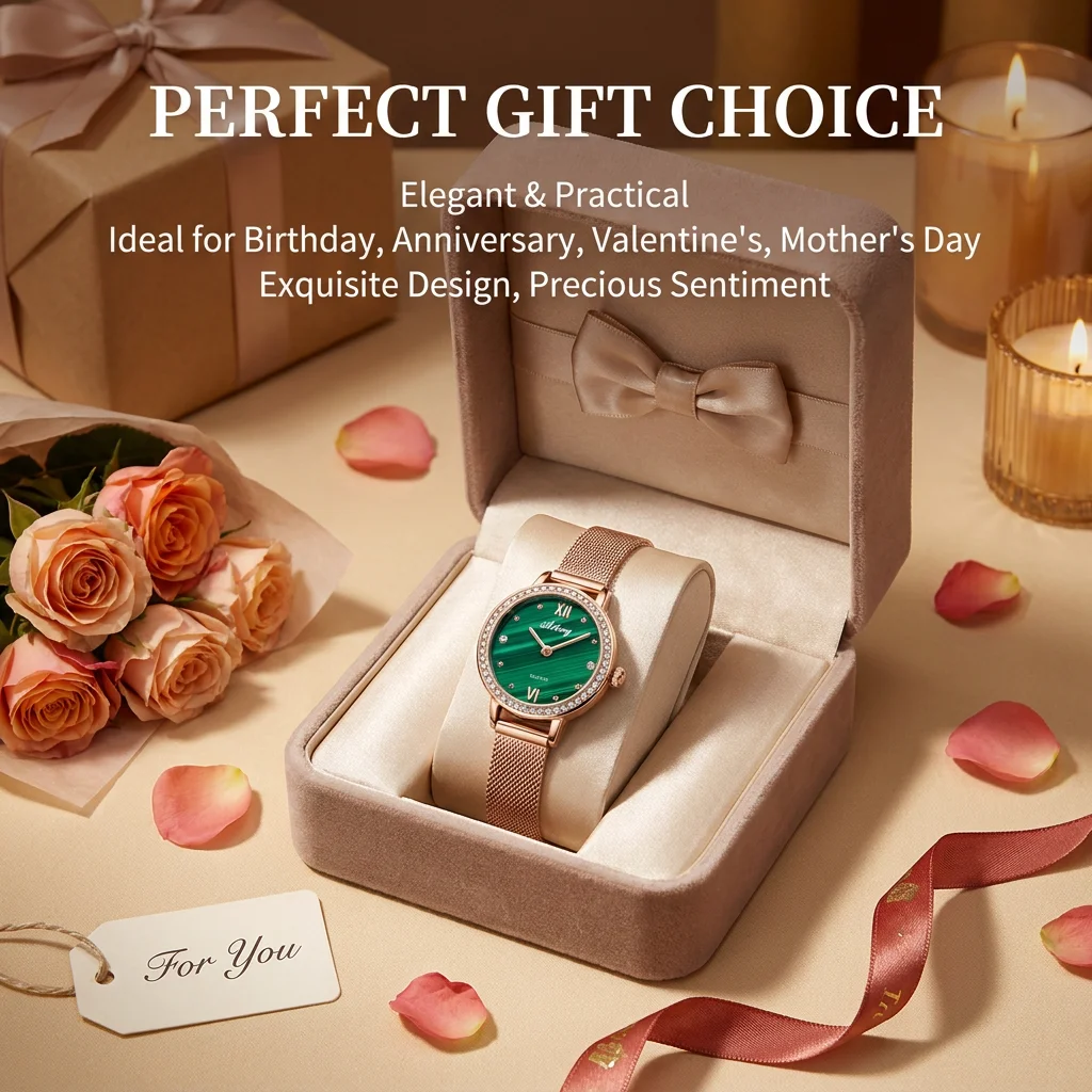 4pcs Gift Box Set Women's Green Dial Alloy Strap Fashion Jewelry Details Quartz Watch Gift Box Set for Party Holiday