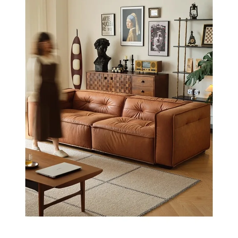 Retro leather minimalist small apartment French first-layer cowhide sofa