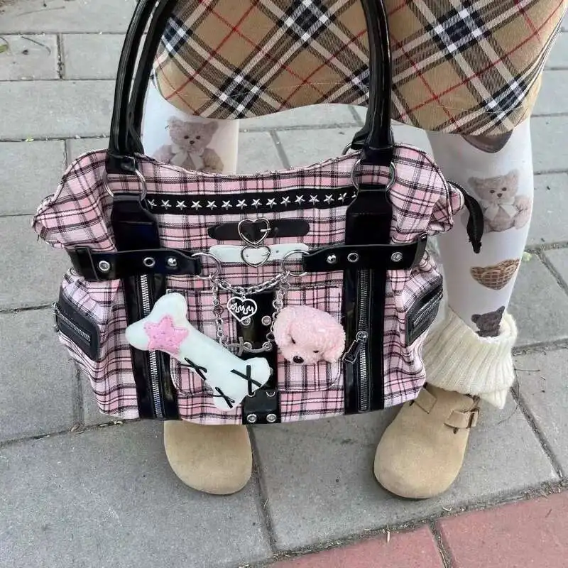 Y2k Women Pink Plaid Shoulder Bag Cute Harajuku Girl Large Capacity Handbags Fashion Canvas Briefcase New Original Punk Tote Bag