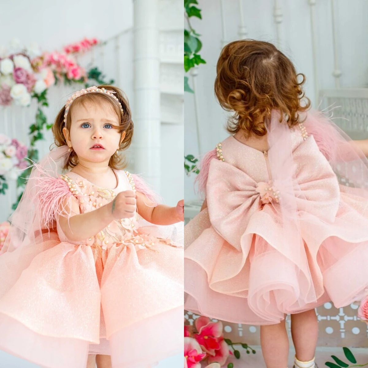 

Pink Satin Flower Girl Dress Fluffy Wedding Bow Belt Gowns Lovely Children Birthday Ball Party Evening Gowns Customised Dresses
