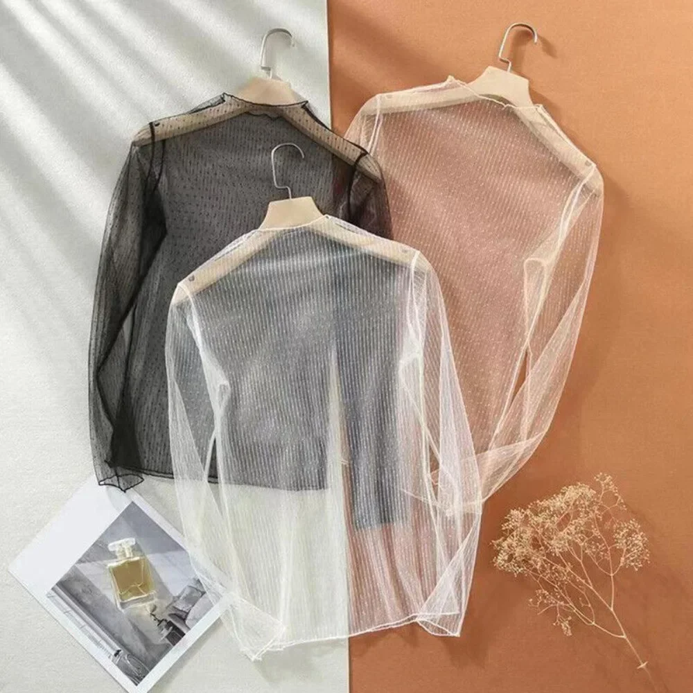Fashion Women T-Shirt Tops Mesh Sheer Long Sleeve See Through Blouse Ladies Summer Beach Lace Bottom Shirt