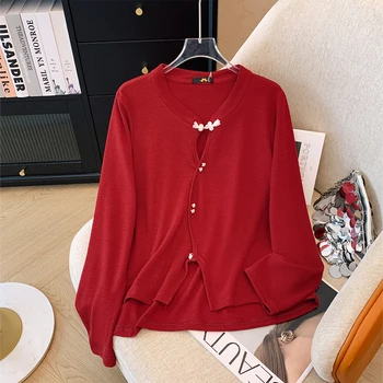 Plus-size feminino outono/inverno casual deslocamento solto confortável topo vermelho estilo chinês botão-para baixo camisa de manga comprida topo