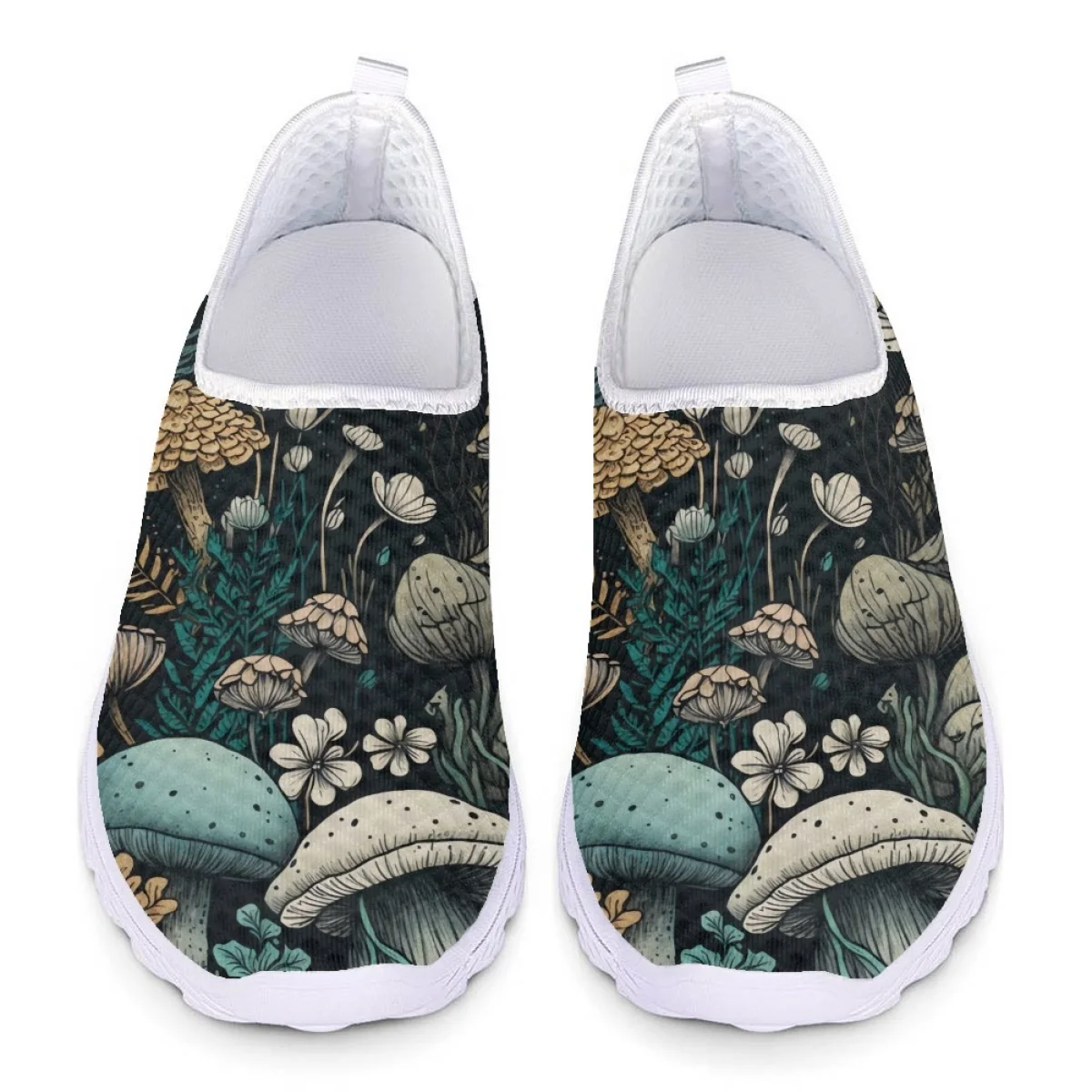 2023 Summer Mesh Shoes Mushroom Fungi in Forest Print Shock Absorption Flat Shoes for Women Men Casual Slip-on Beach Footwear