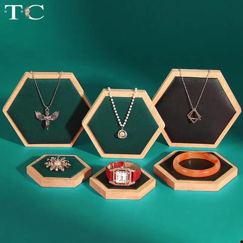 Bamboe en hout fluwelen zeshoekige sieraden display lade ring oorbellen ketting hanger armband opslag display lade