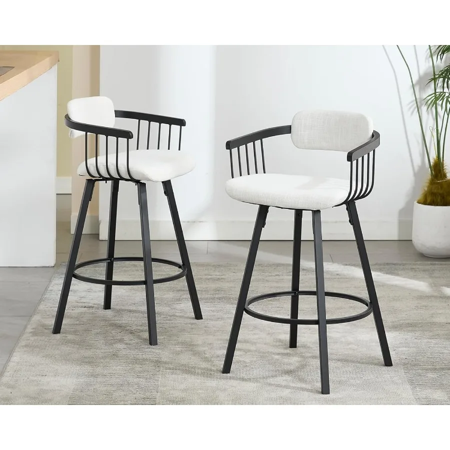 Modern Barrel Swivel Counter Stools Set of 3 Linen Upholstered Counter Height Bar Stools with Open Back 26 Inch Bar Stools Meta