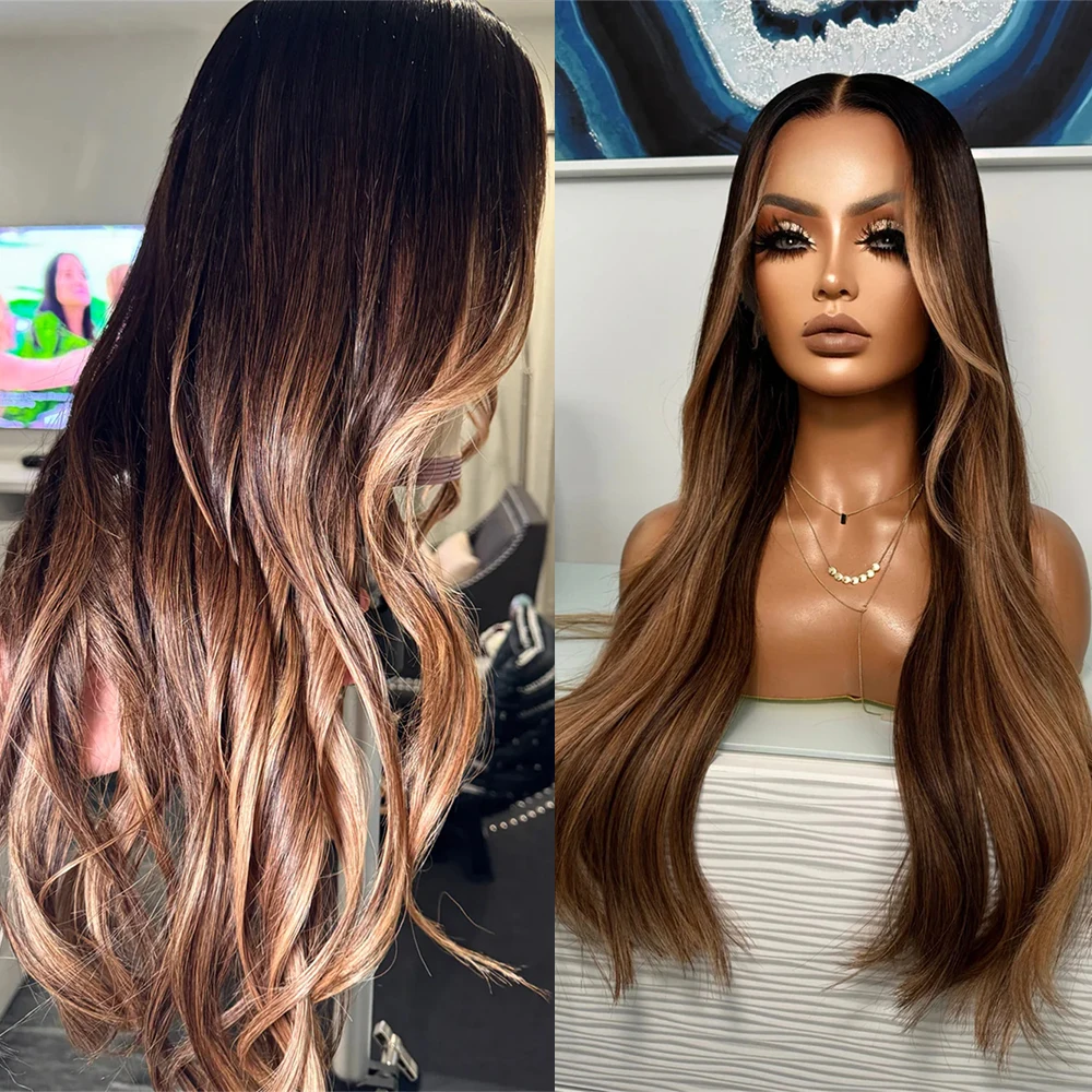 Caramel Copper Balayage Highlights Wig Melted Dark Roots Synthetic Lace Front Wig Middle Part Realistic Look Luxury Women's Wig