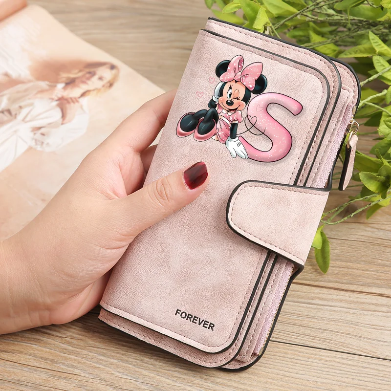 Disney Minnie PU Leather Bags  A-Z Letters Wallets Purses Fashion Long Zipper Wallet Money Coin Holder Female Long Purse Gifts