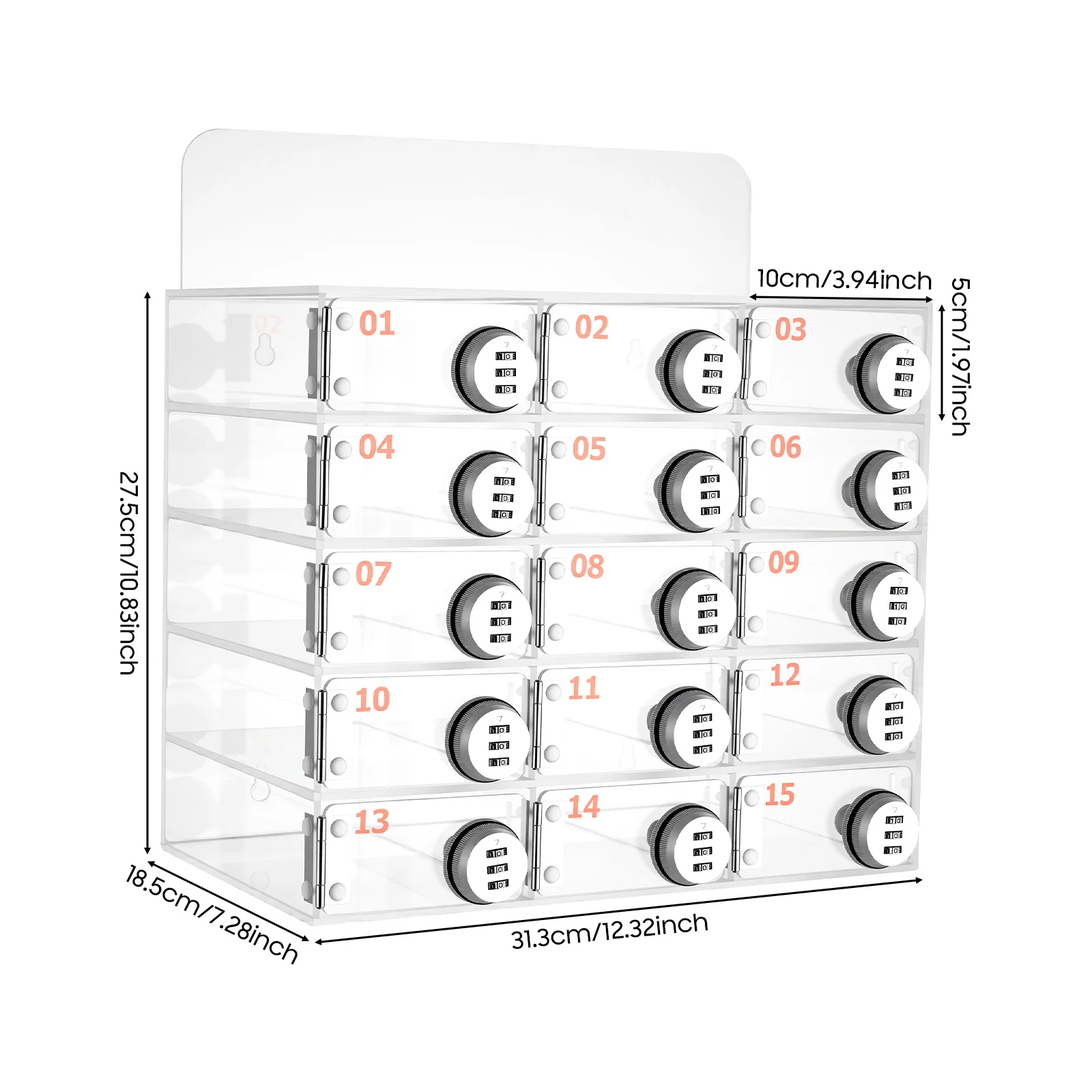 Cell Phone Storage Locker Clear Polished 3.5mm Acrylic 15 Separate Compartments 3-Digit Combination Lock Acrylic Phone Cabinet 1000 Password Combinations Number Marked Lattice Combination Lock Phone Kiosk For Classroom Exam Room Library