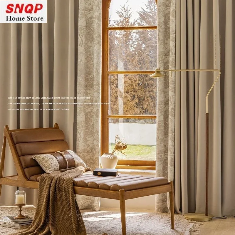 

European Thickened Chenille Blackout Milk Tea Color Retro Luxury Curtains For Living Room Bedroom Dining Custom Size White Tulle