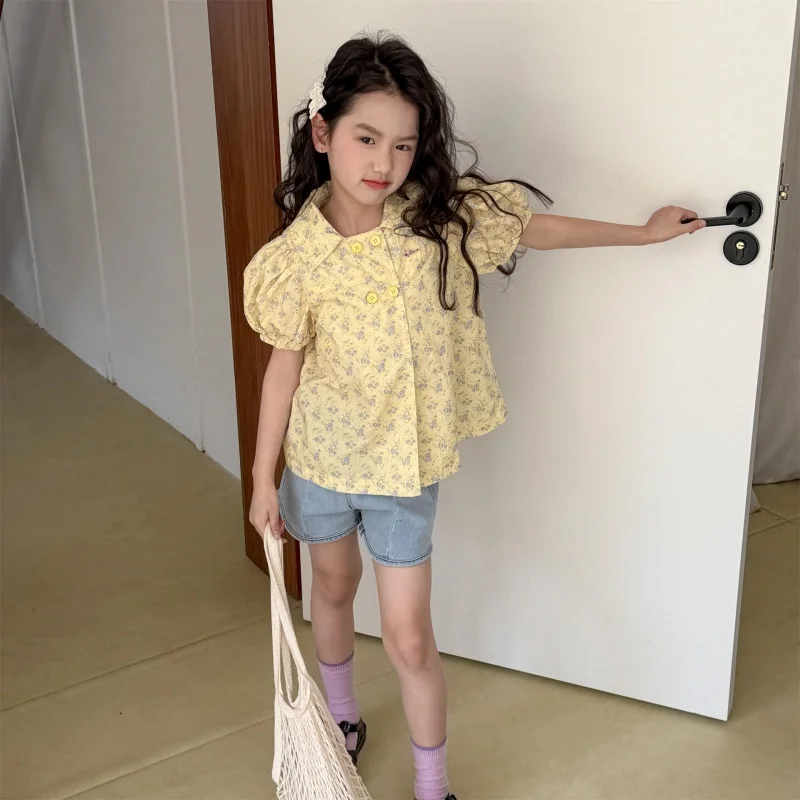 

Deer Jonmi 2026 New Summer Korean Style Baby Girls Printed Blouses Puff Sleeve Tops Toddlers Kids Chic Shirts 1-7T