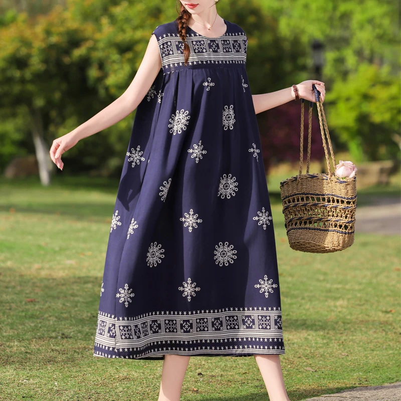 New Hot Fashion Arrival Casual 2026 Summer Dress For Women Print Loose O-Neck Cotton Women Clothing Dresses Plus Size