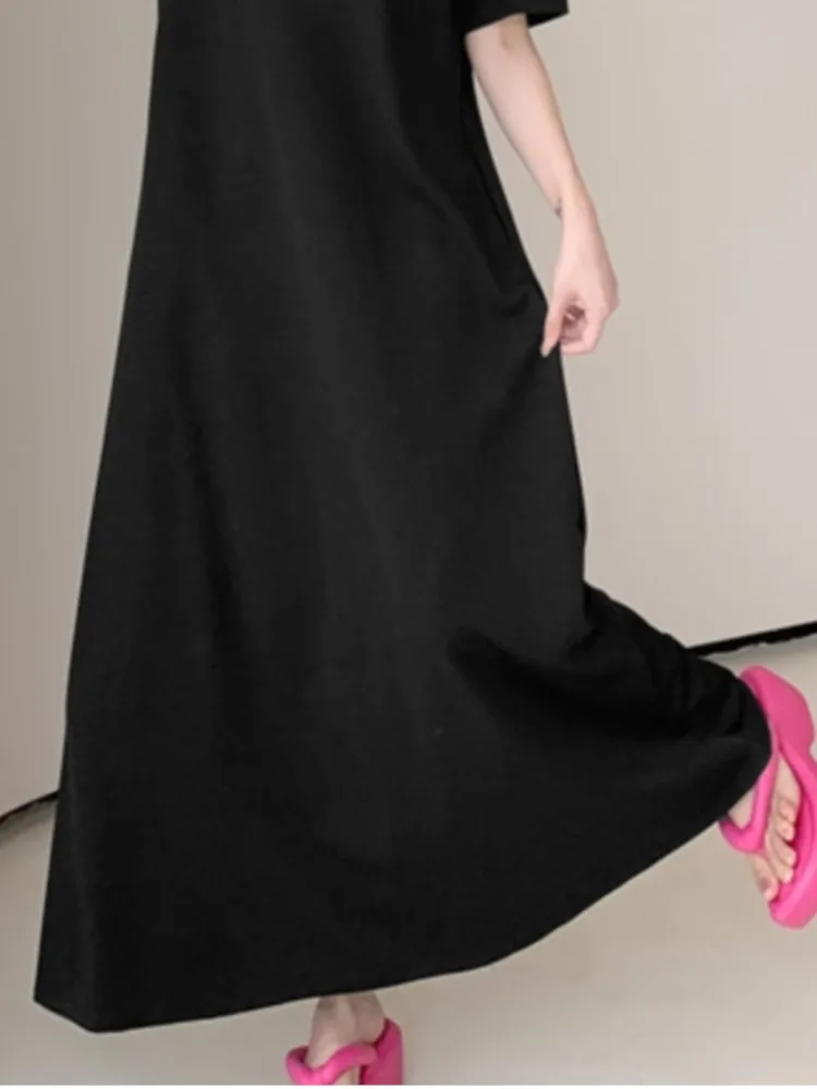 فستان صيفي كبير الحجم بأكمام قصيرة تي شيرت نسائي كوري فضفاض أسود فساتين أنيقة عتيقة فستان نسائي فيستدوس