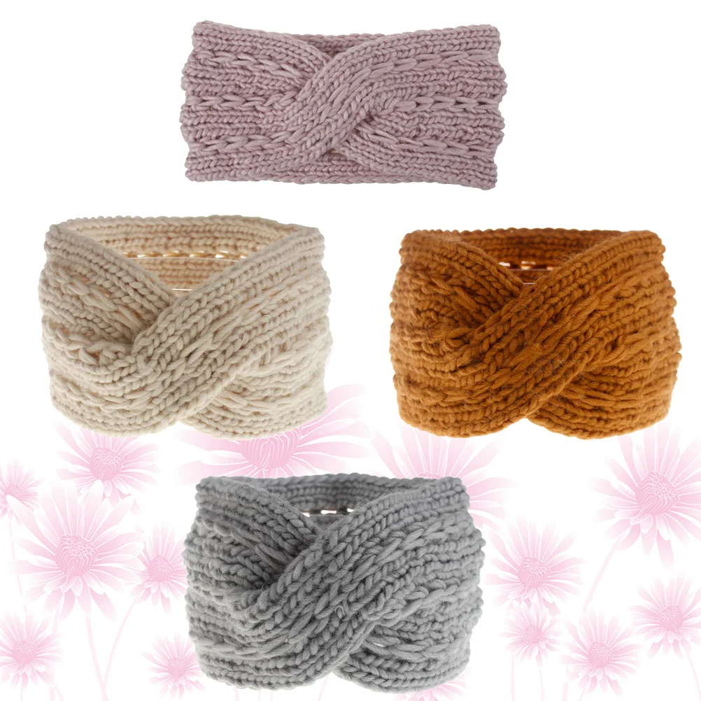 

4Pcs Knitted Headband Women Warm Woolen Yarn Hair Hoops for Winter Fall Fashion Cross Design Foldable Soft Skin-Friendly