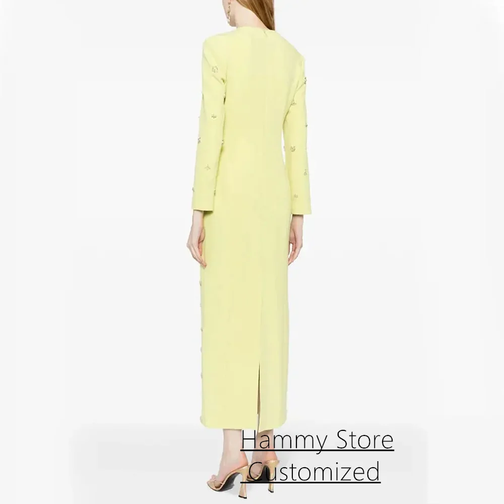 Yellow Prom Dress Customized Full Sleeves Square Neck Crystal Sheath Formal Party Gown Back Slit Arab Evening Dresses image 2