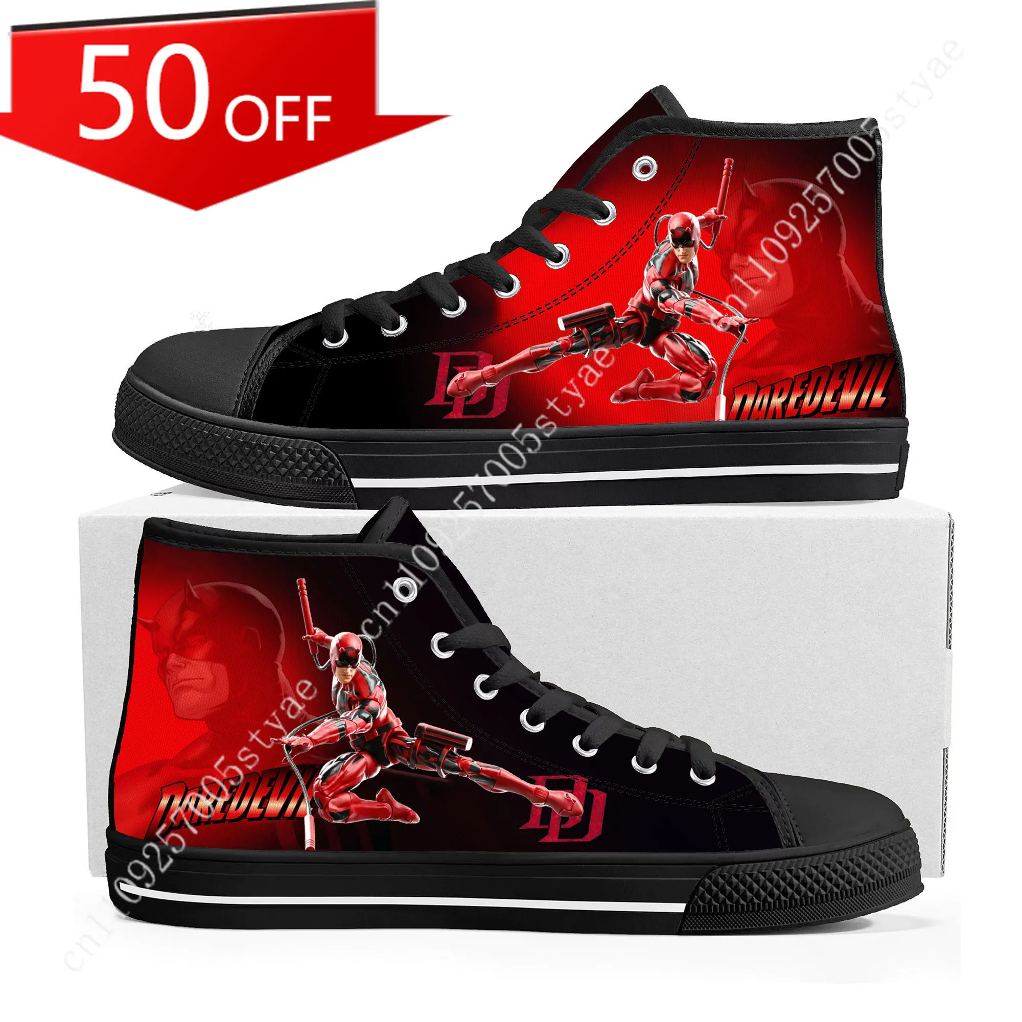 

​ Кроссовки Marvel Daredevil High Top высокого качества с принтом логотипа DD, мужские и женские, из канваса, модные повседневные кроссовки в стиле Ганы, обувь на заказ